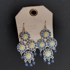 NEW Anthropologie Statement Chandelier Earrings Gold Tone With Blue & Jade